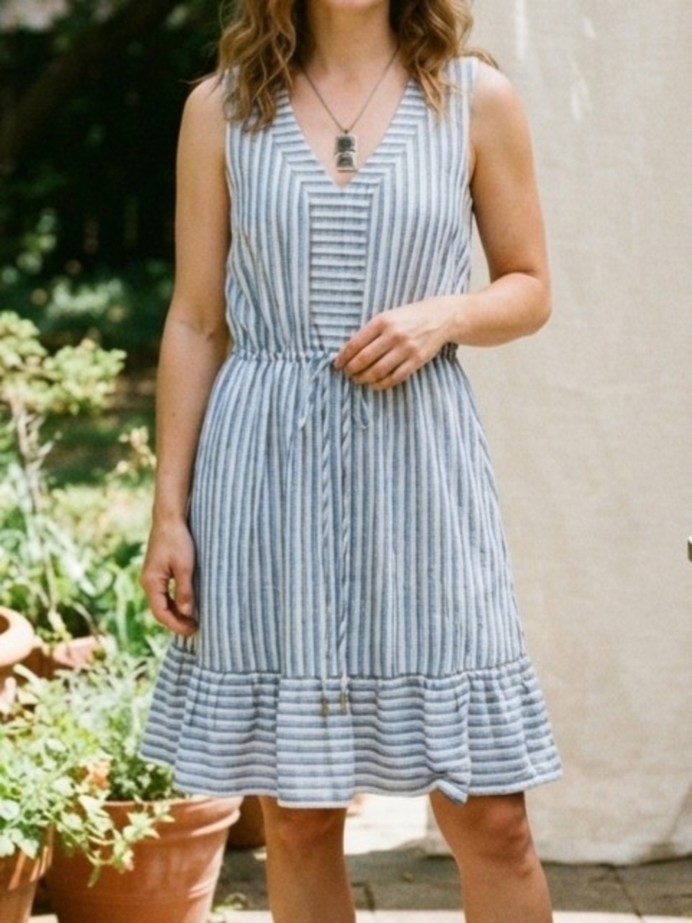 Draper James RSVP Striped Linen Blend Ruffle Hem Sleeveless Dress Size S - Picture 1 of 13